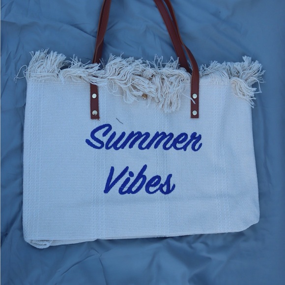 Summer Vibes Canvas Tote Bag Beach Bag White Navy. NWT - Picture 2 of 8
